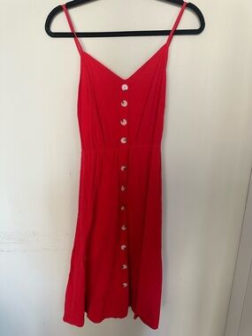 SHEIN Red Button-Front Midi Spaghetti Strap Dress